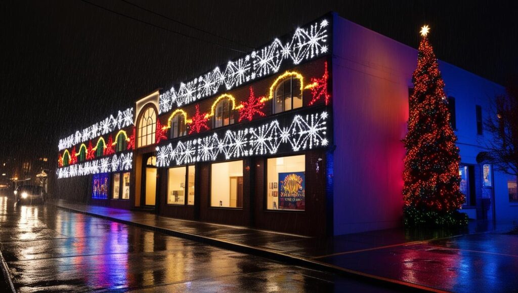 Animated Christmas light show in Portland, featuring synchronized lights and festive holiday designs for homes and businesses