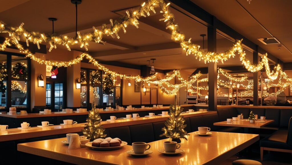 Festive Christmas lights installed inside a cozy restaurant coffee shop, creating a warm and inviting holiday atmosphere