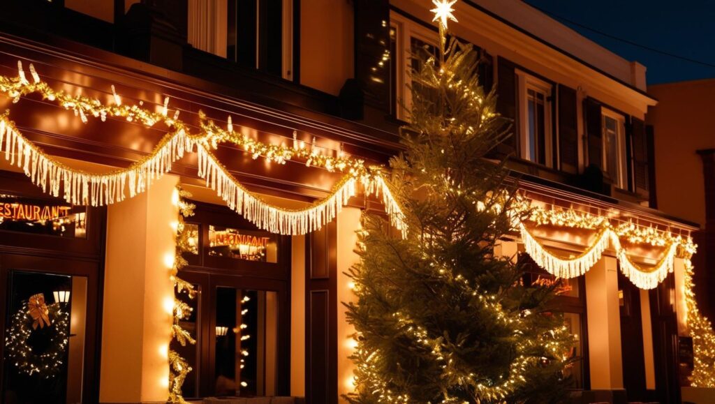 Beautiful Christmas lights installed outside a Portland restaurant, enhancing its exterior with a festive and welcoming holiday ambiance