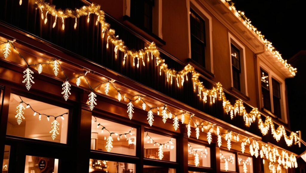 Stunning holiday lights installed outside a restaurant, creating a festive and inviting atmosphere for guests