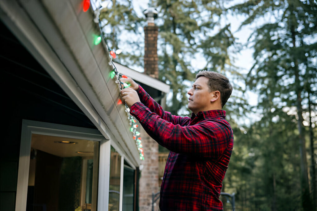 A professional installer safely installing Christmas lights outside a house in Portland, Oregon.